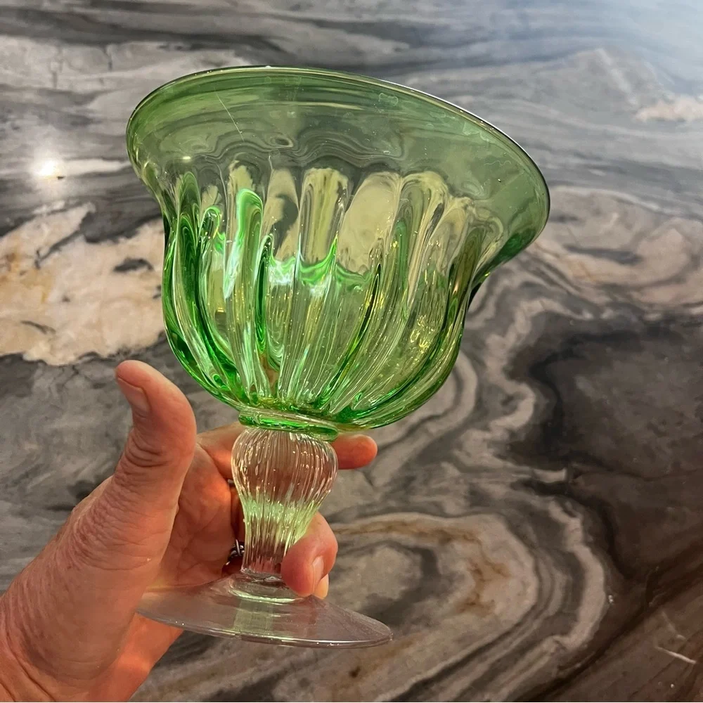 Hand Blown Green Fluted Compote Bowl Italy